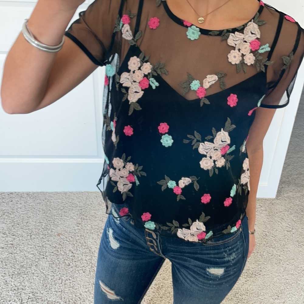 Hollister sheer black floral embroidered crop top